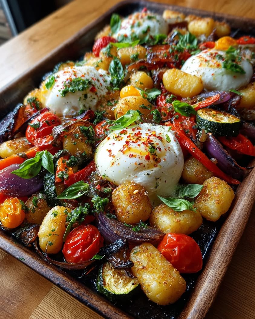 Golden Sheet-Pan Gnocchi with Caramelized Veggies and Chili Honey 22 golden sheet pan gnocchi burrata chili honey