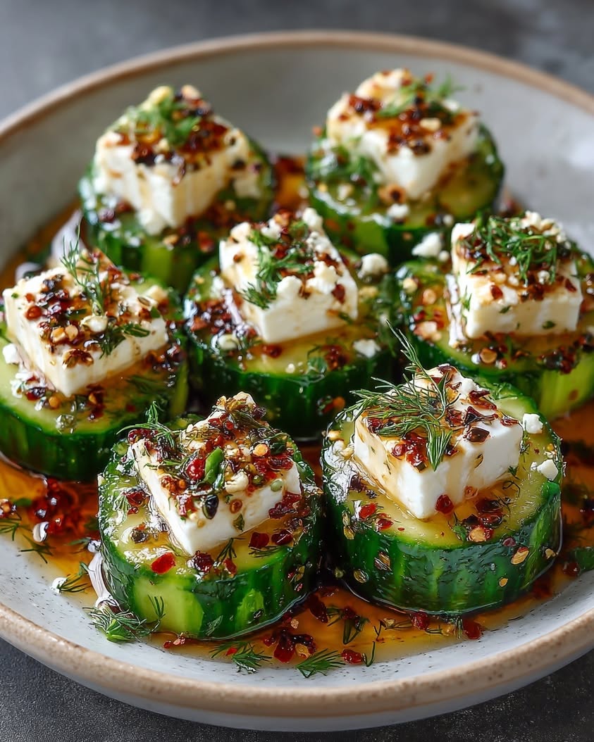 Greek Feta Cucumber Bites with Hot Honey Drizzle Recipe 16 greek feta cucumber bites hot honey