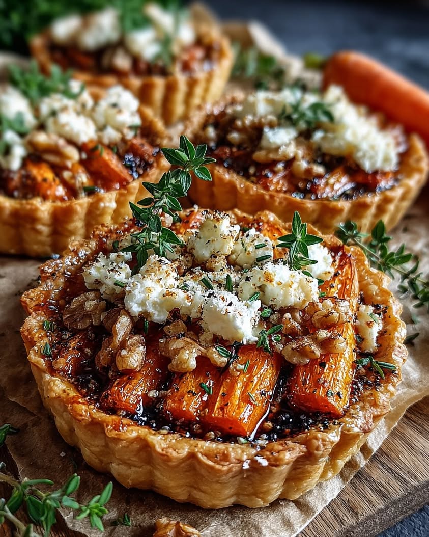 Honey-Glazed Carrot Tartlets with Feta Snow and Walnuts 17 honey glazed carrot walnut tartlets