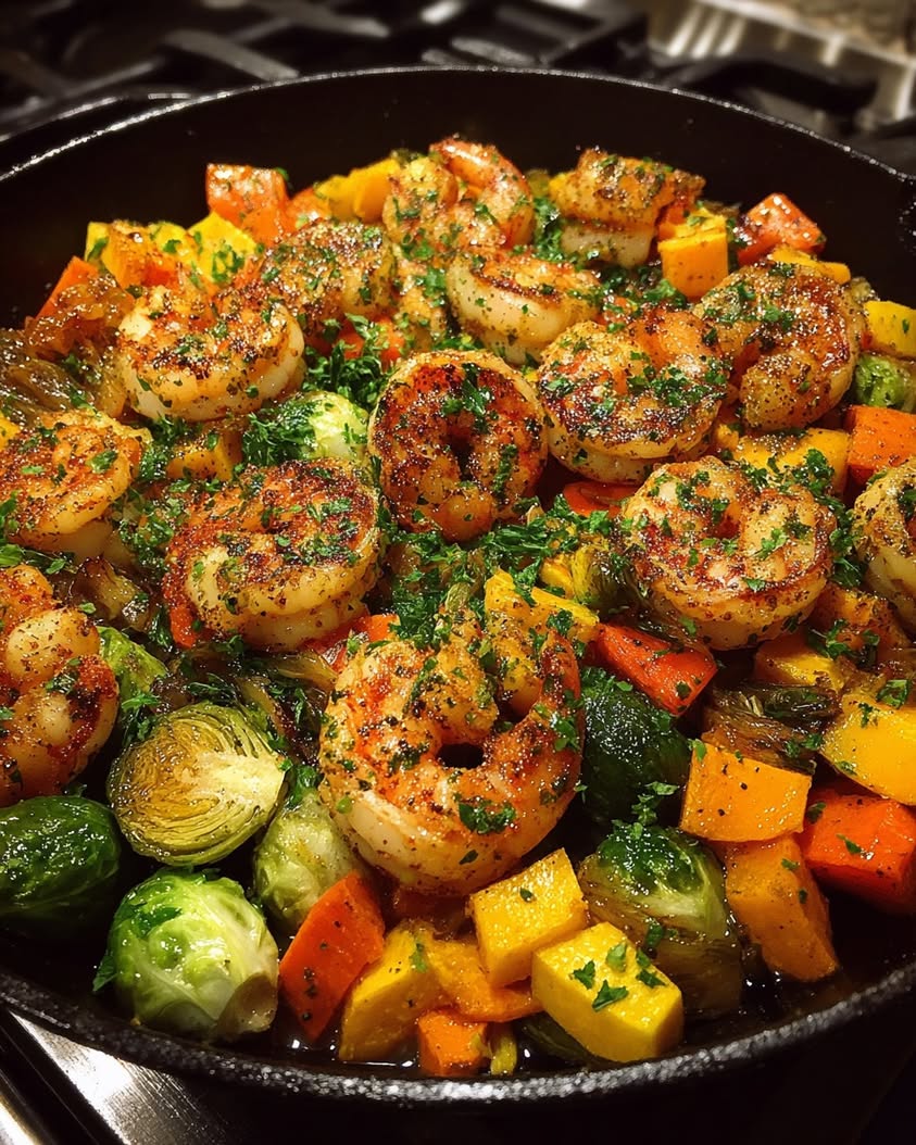 Lemon Herb Shrimp Skillet with Roasted Autumn Vegetables 20 lemon herb shrimp skillet