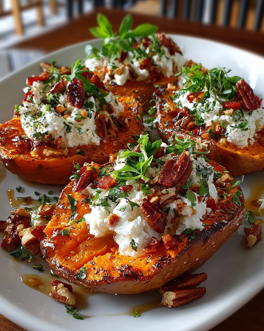 Maple-Roasted Sweet Potato Halves with Whipped Feta and Candied Pecans 20 maple roasted sweet potato whipped feta