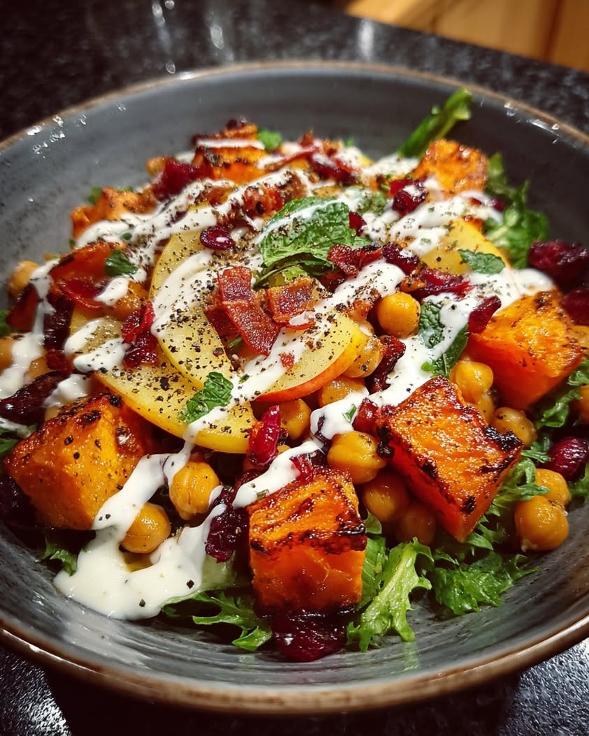 Festive Christmas Salad with Pear, Sweet Potato, and Mint Yogurt Dressing 20 pear sweet potato apple chickpea salad