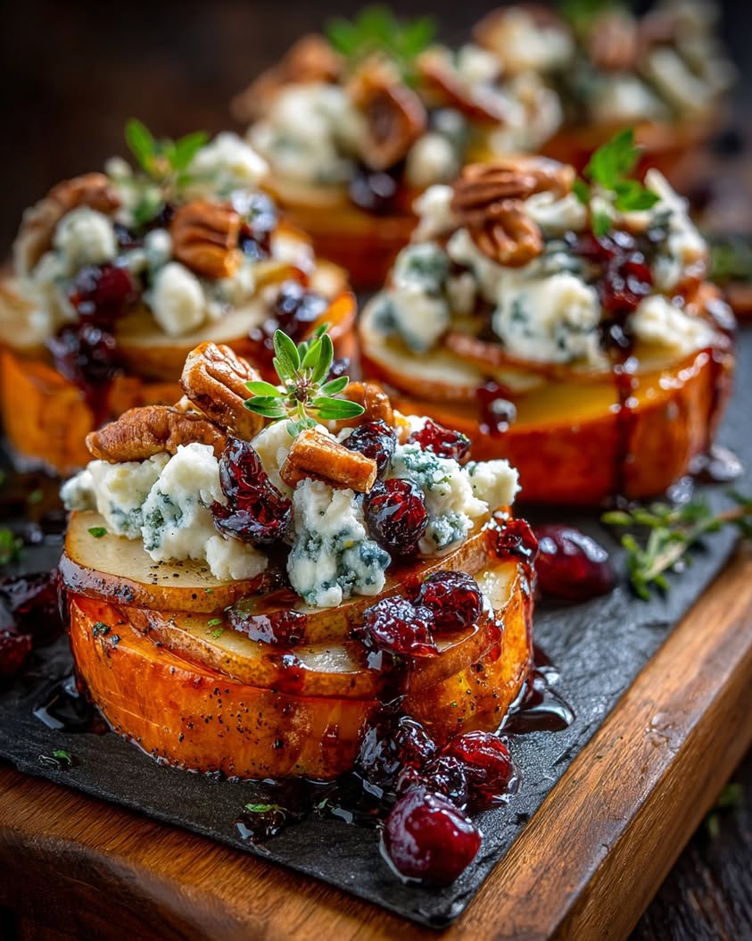 Pear and Sweet Potato Rounds with Blue Cheese and Cranberry Drizzle 17 pear sweet potato rounds blue cheese