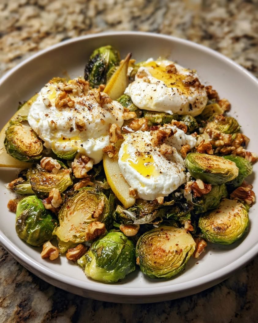 Roasted Brussels Sprouts and Pear Skillet with Burrata and Hot Honey 19 roasted brussels sprouts pear burrata
