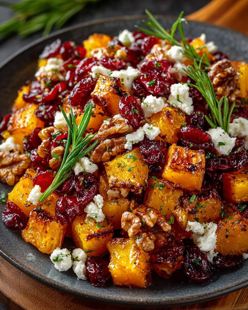Roasted Butternut Squash with Feta, Walnuts, and Balsamic Cranberries 17 roasted butternut squash feta walnuts cranberries