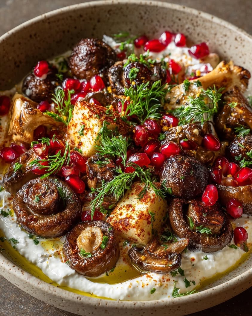 Roasted Mushroom Medley with Garlic Yogurt and Pomegranate Oil 18 roasted mushroom medley garlic yogurt