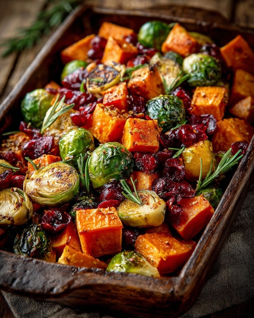 Roasted Sweet Potato and Brussels Sprouts with Balsamic Cranberry Glaze 20 roasted sweet potato brussels sprouts cranberries