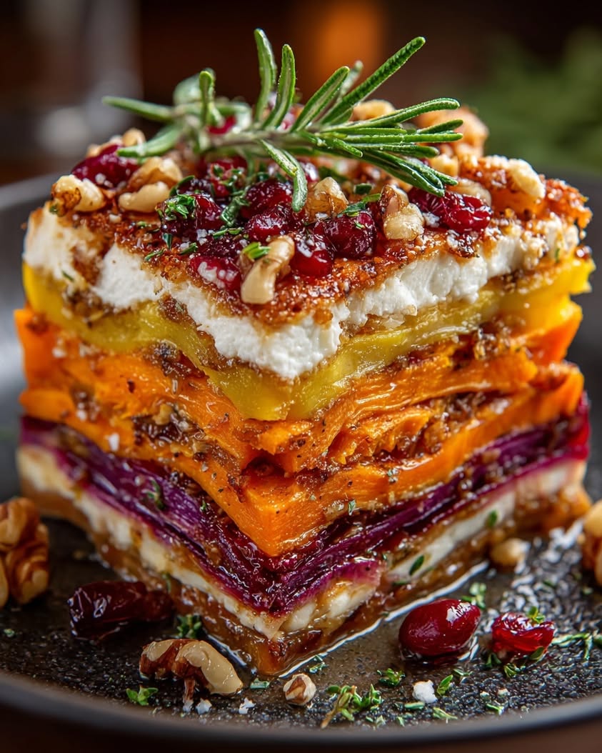 Layered Sweet Potato Pumpkin Lasagna with Feta & Cranberry Glaze 23 sweet potato pumpkin carrot lasagna
