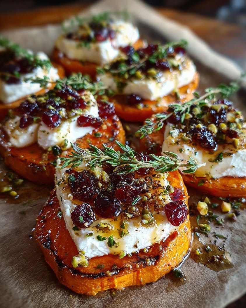 Sweet Potato Rounds with Brie and Cranberry Glaze 16 sweet potato rounds brie cranberry glaze