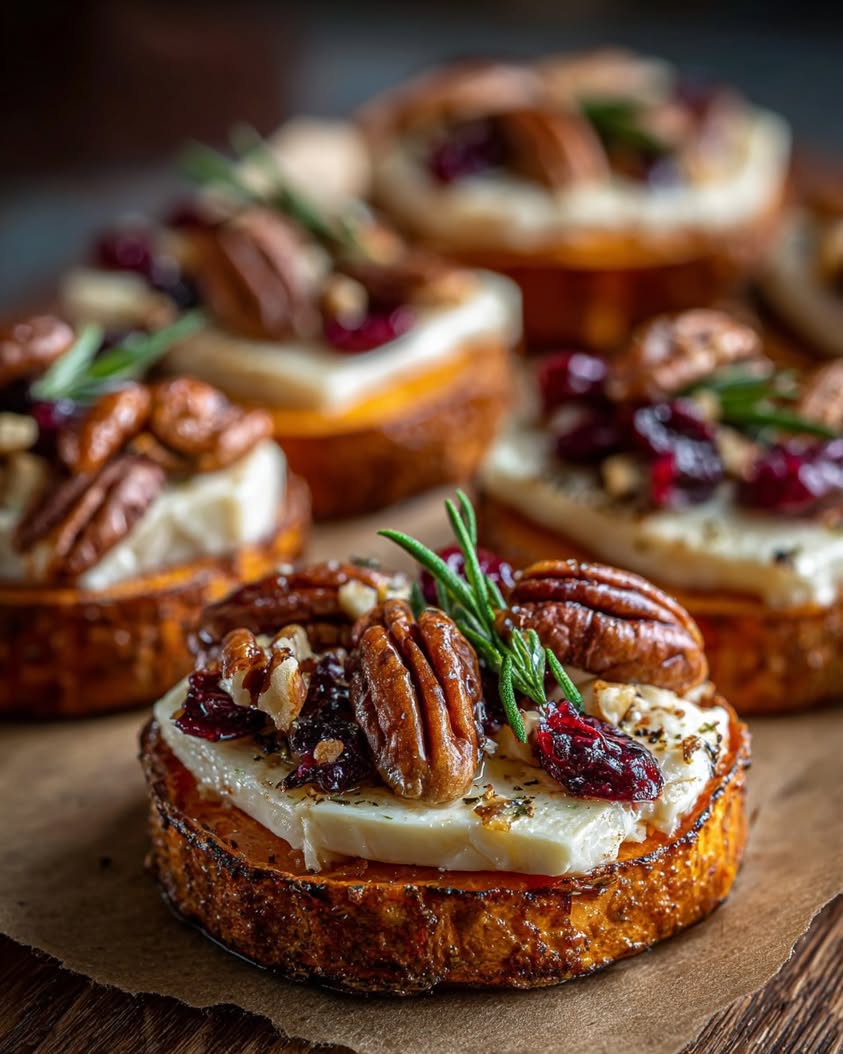 Sweet Potato Rounds with Brie, Cranberry, and Pecan Topping 15 sweet potato rounds brie cranberry pecans