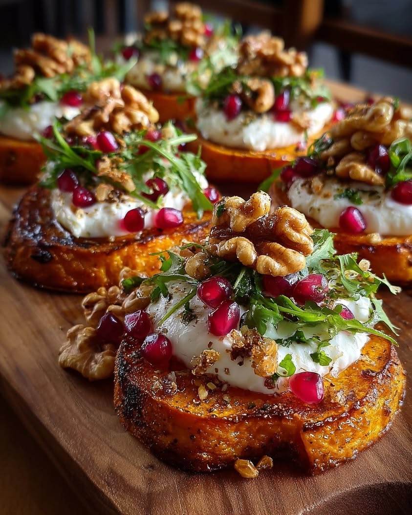 Sweet Potato Rounds with Burrata, Pomegranate, and Walnut Crunch 18 sweet potato rounds burrata pomegranate