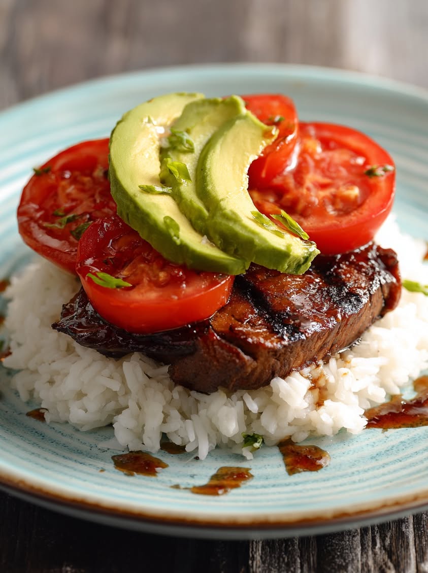 Char-Grilled Plant-Based Steak with Avocado and Tomato over Jasmine Rice 18 char grilled plant based steak avocado rice