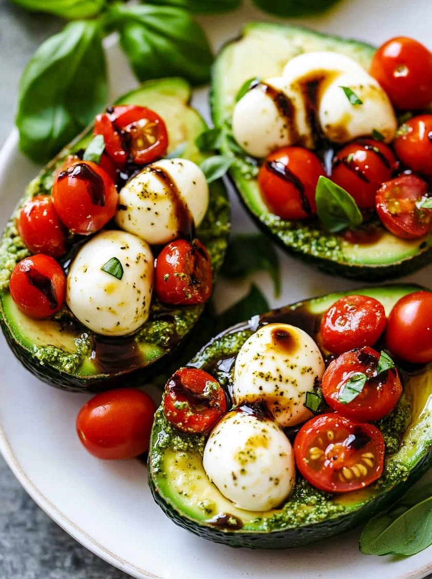 Creamy Avocado Boats with Pesto Caprese Stuffing Recipe 16 creamy avocado boats pesto caprese
