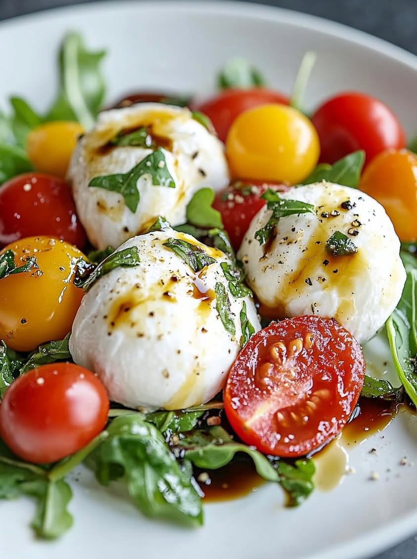 Creamy Burrata Salad with Arugula, Tomatoes, and Balsamic Glaze 16 creamy burrata arugula cherry tomatoes
