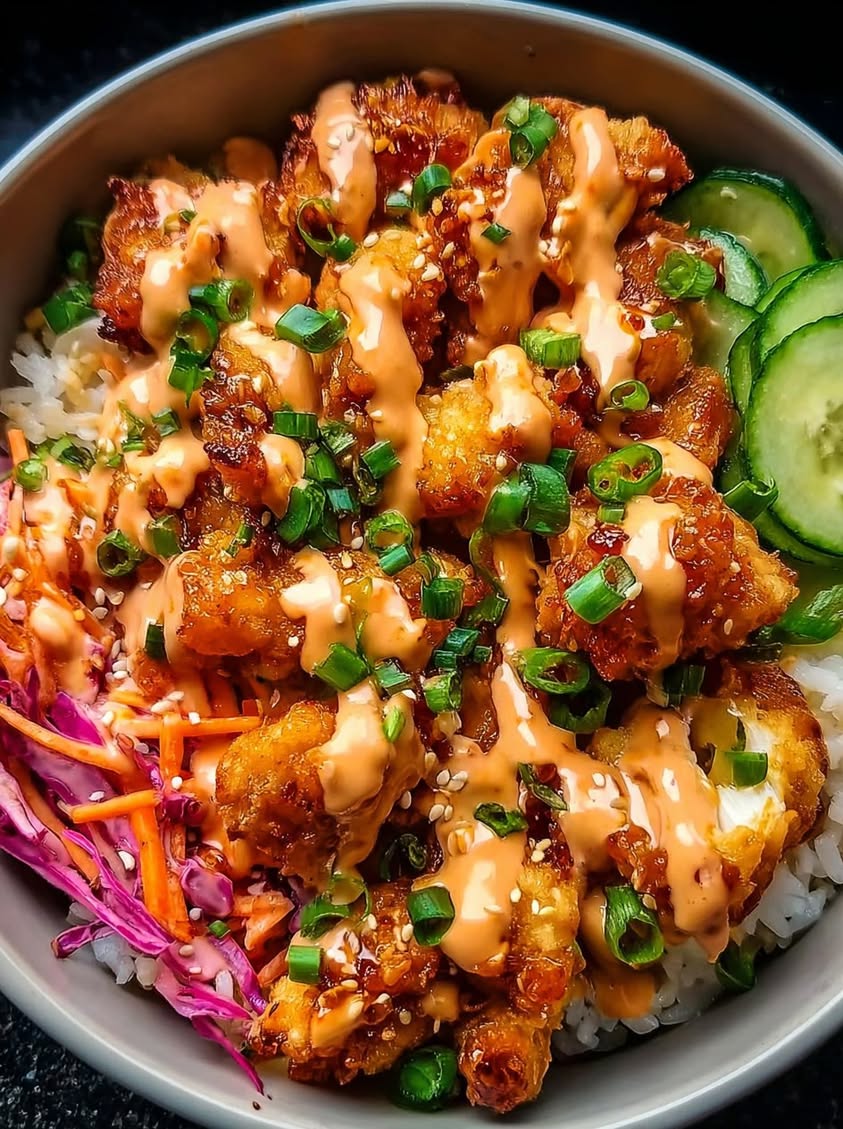 Crispy Bang Bang Chicken Bowls with Creamy Sweet Heat Sauce Recipe 24 crispy bang bang chicken bowl