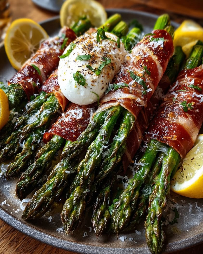 Crispy Prosciutto-Wrapped Asparagus with Burrata 16 crispy prosciutto asparagus burrata lemon