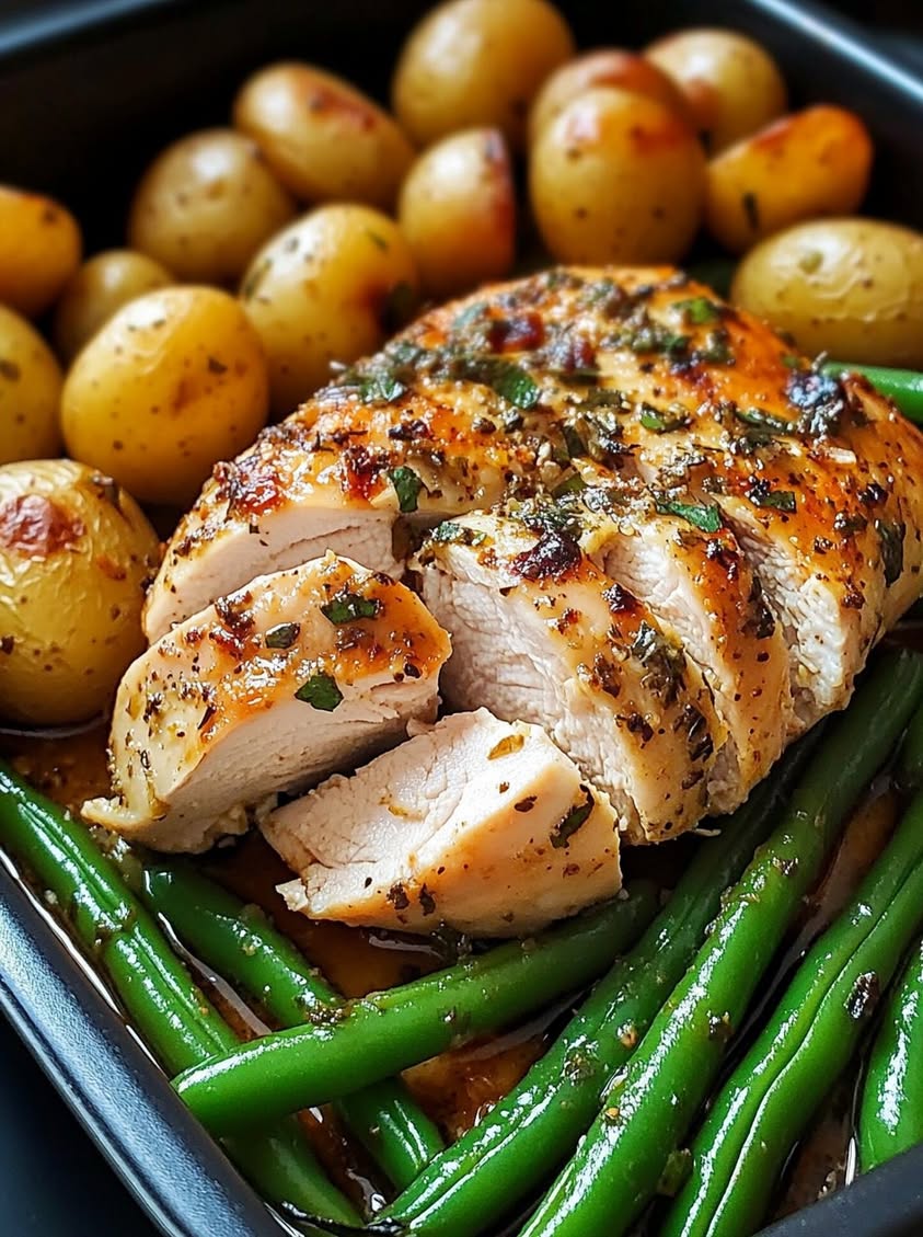Juicy Garlic-Herb Chicken with Crispy Potatoes and Glazed Green Beans 18 garlic herb chicken breast baby potatoes