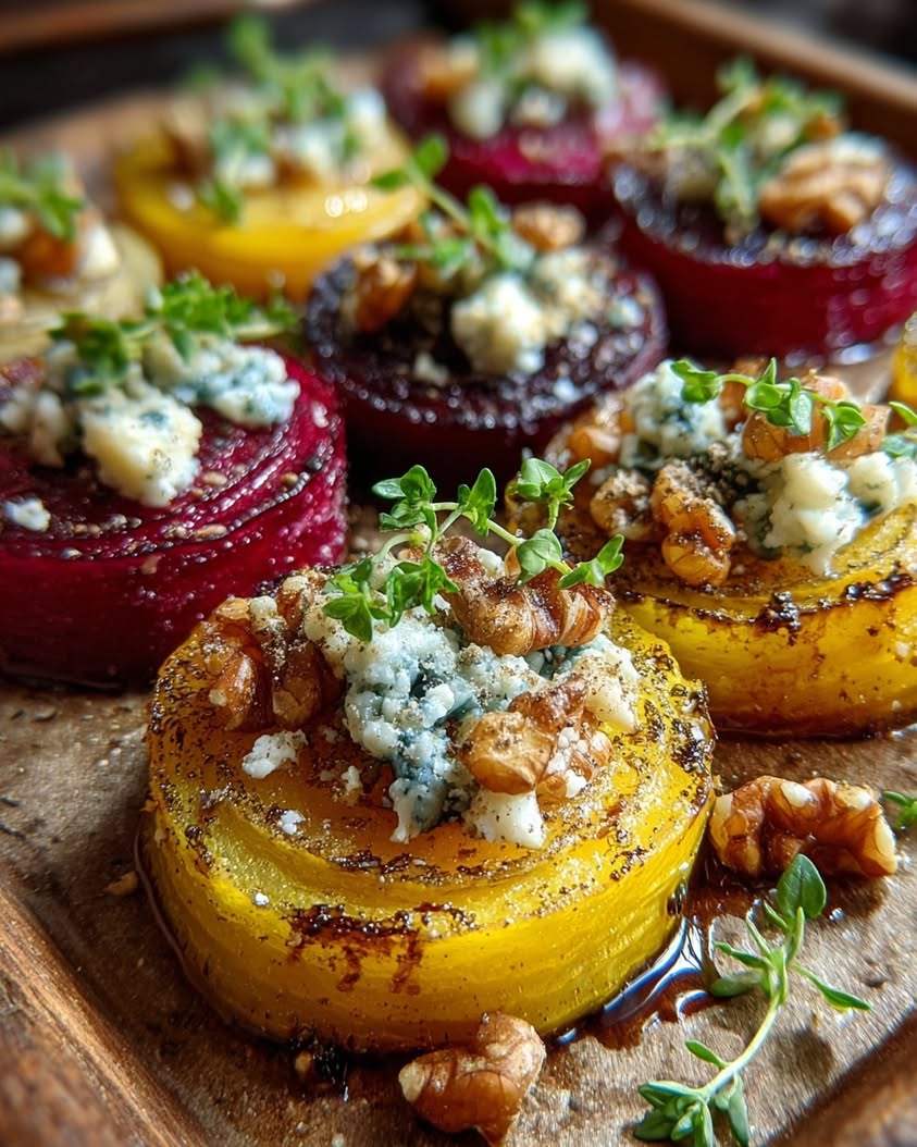 Golden Beet Blue Cheese Appetizer 16 golden beet rounds blue cheese walnut