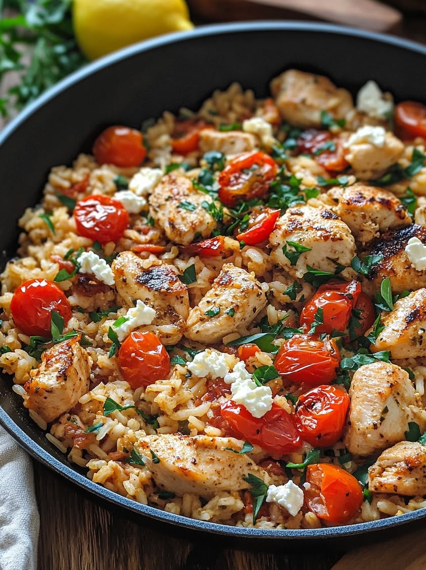 Golden Mediterranean Chicken Skillet with Rice, Tomatoes, and Feta 20 golden mediterranean chicken skillet