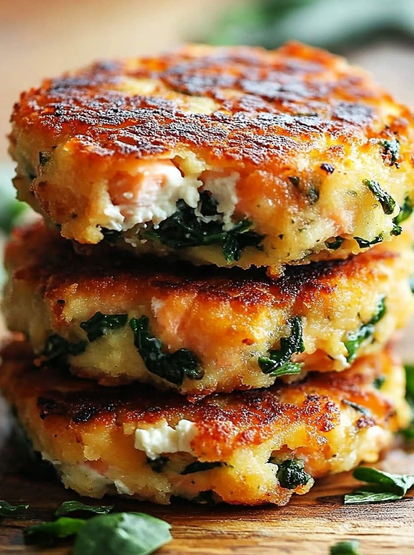 Golden Mediterranean Salmon Cakes with Spinach and Feta Sauce 20 golden mediterranean salmon cakes spinach feta