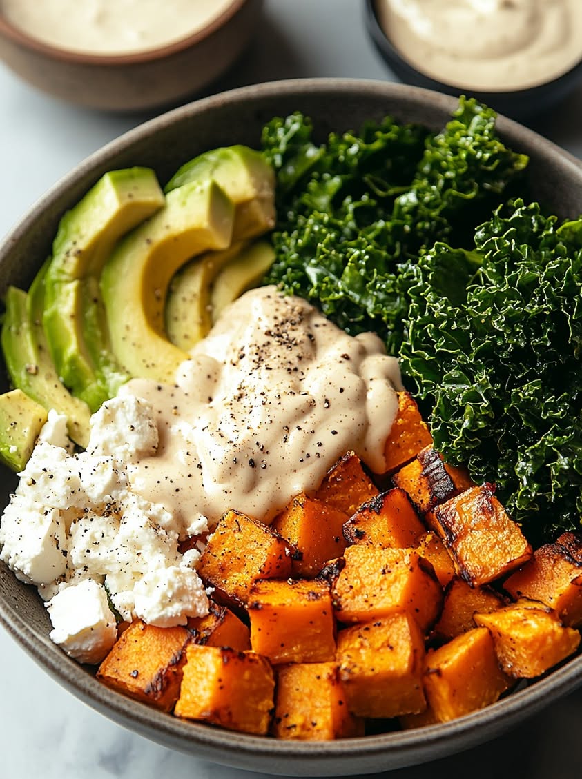Golden Roasted Sweet Potato Bowl with Avocado, Kale, and Feta Drizzle 19 golden roasted sweet potato bowl