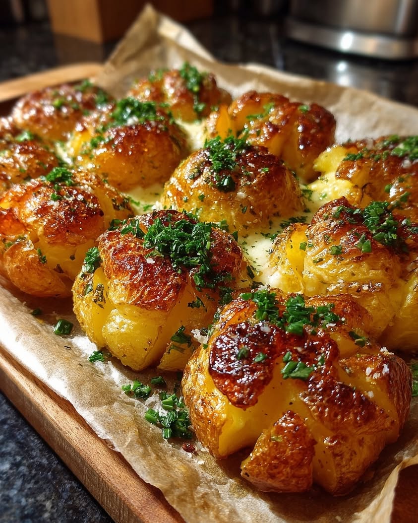 Golden Smashed Potatoes with Brie Fondue 19 golden smashed potatoes brie fondue