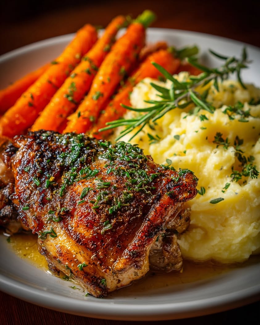 Herb-Roasted Chicken Thighs with Creamy Potatoes and Glazed Carrots 19 herb roasted chicken thighs mashed potatoes