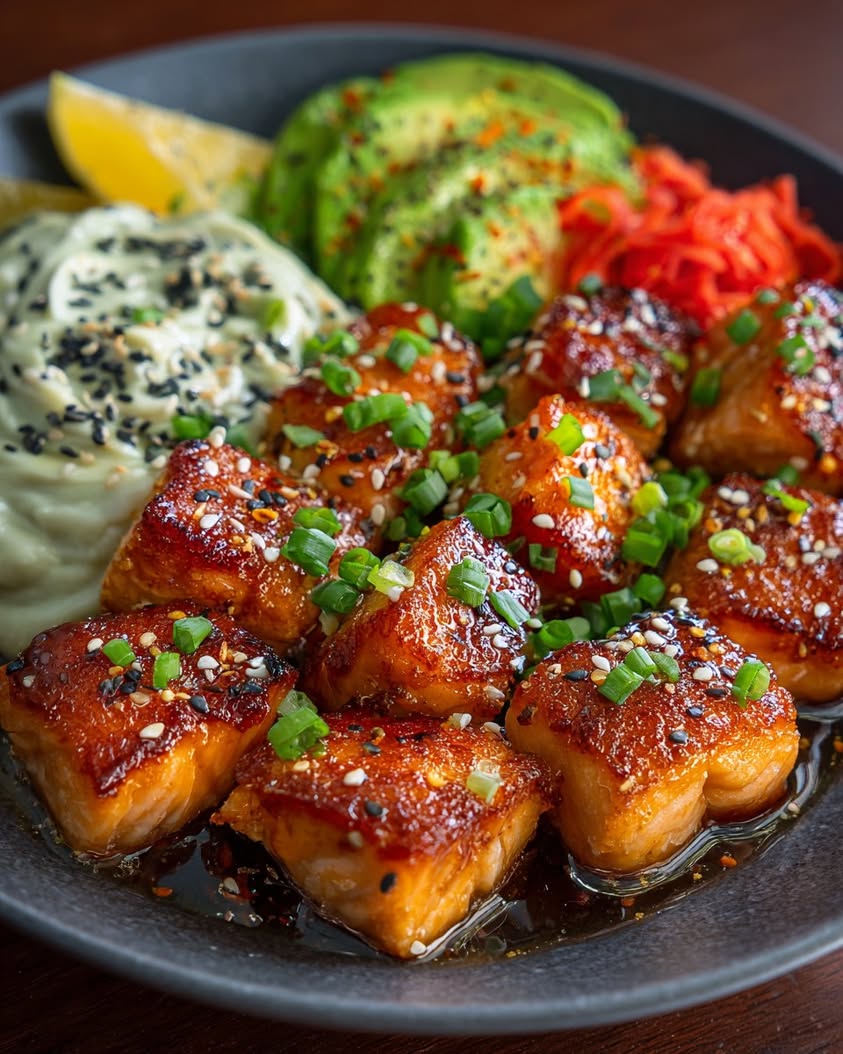 Honey Garlic Salmon Bites with Avocado Crema 20 honey garlic salmon bites avocado crema