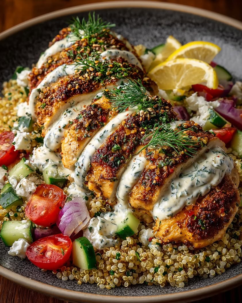 Lemon Herb Chicken Quinoa Stack 25 lemon herb chicken quinoa feta tahini