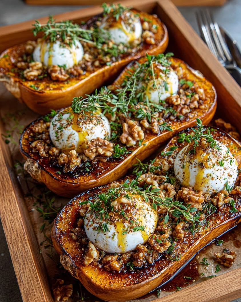 Maple-Roasted Squash Boats with Burrata 20 maple roasted squash boats burrata walnut