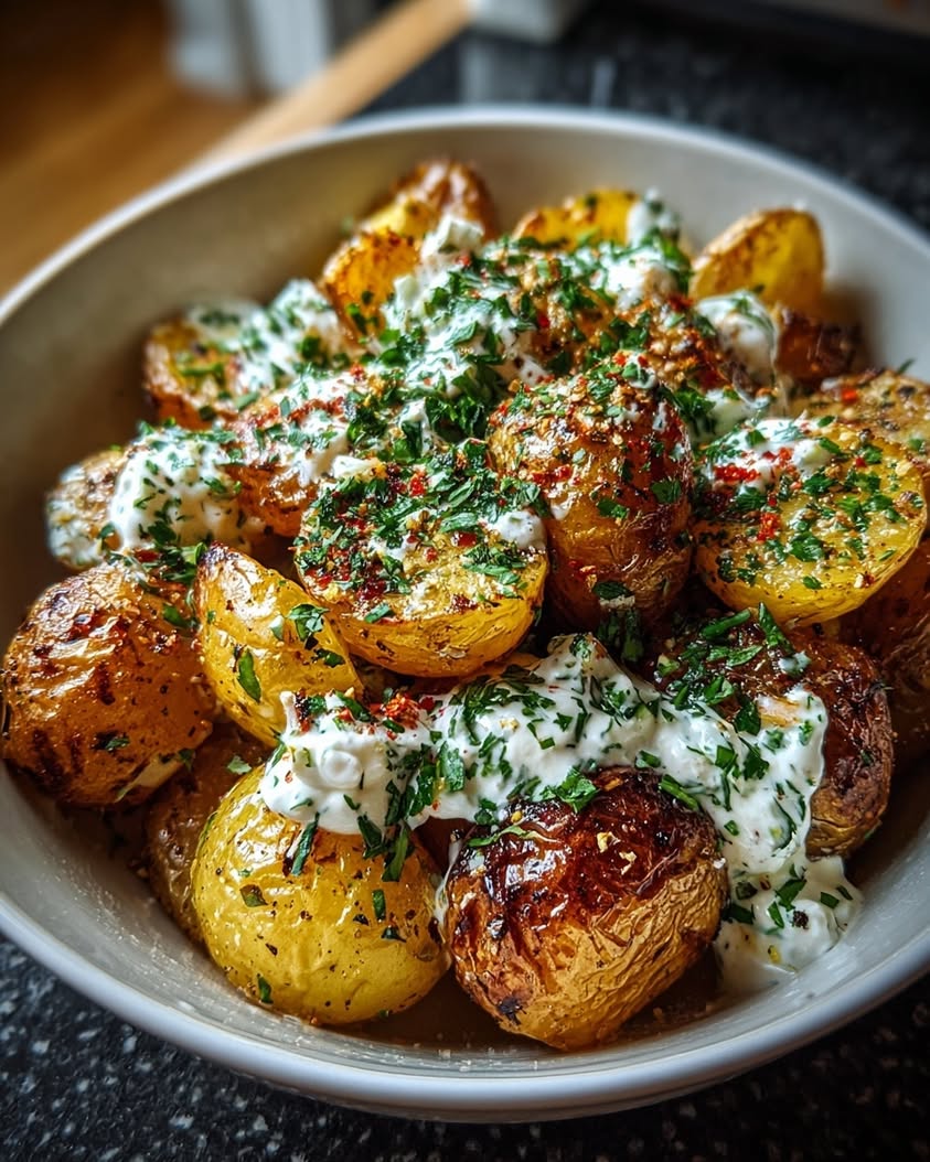 Mediterranean Roasted Potatoes with Herb Drizzle 22 mediterranean roasted potatoes garlic yogurt