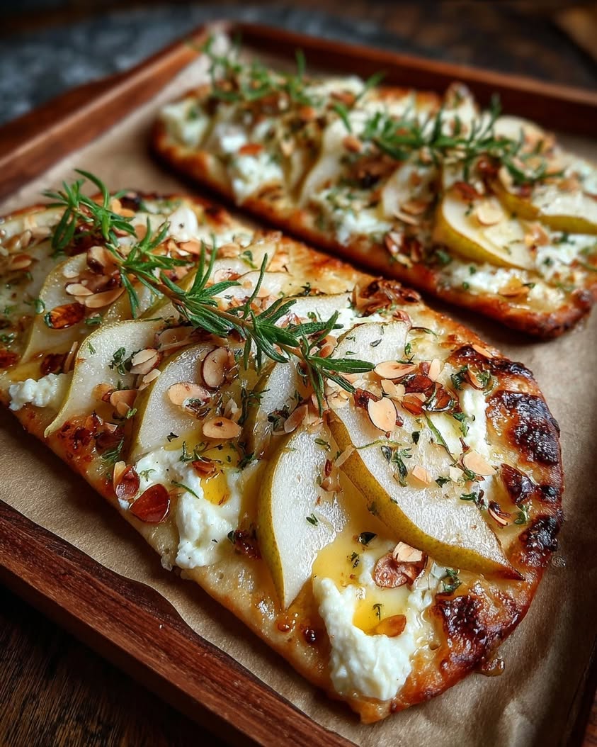 Pear Brie Flatbread Almond Crunch Recipe 16 pear brie flatbread toasted almonds