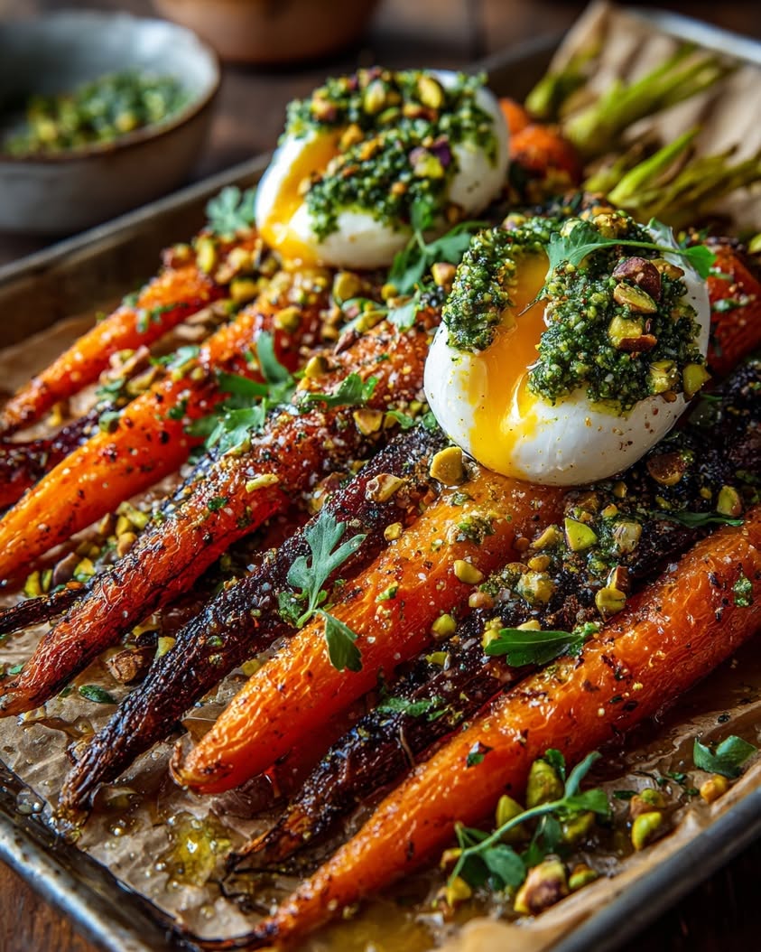 Roasted Carrots with Burrata and Pesto 20 roasted carrots burrata pistachio pesto