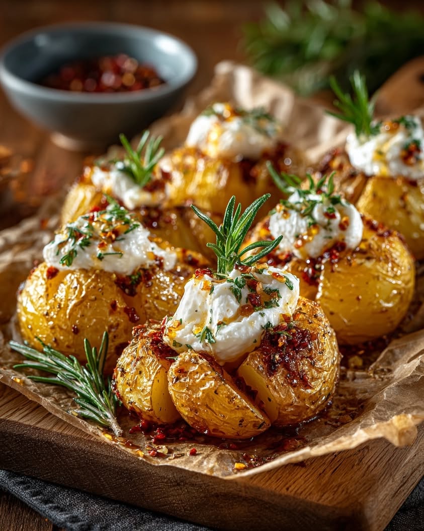 Roasted Garlic Potatoes with Burrata 18 roasted garlic potatoes burrata chili honey
