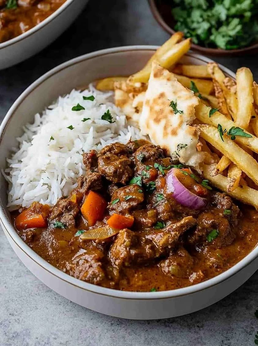 Rustic Slow-Braised Beef Curry with Fries and Garlic Naan 23 rustic braised beef curry naan