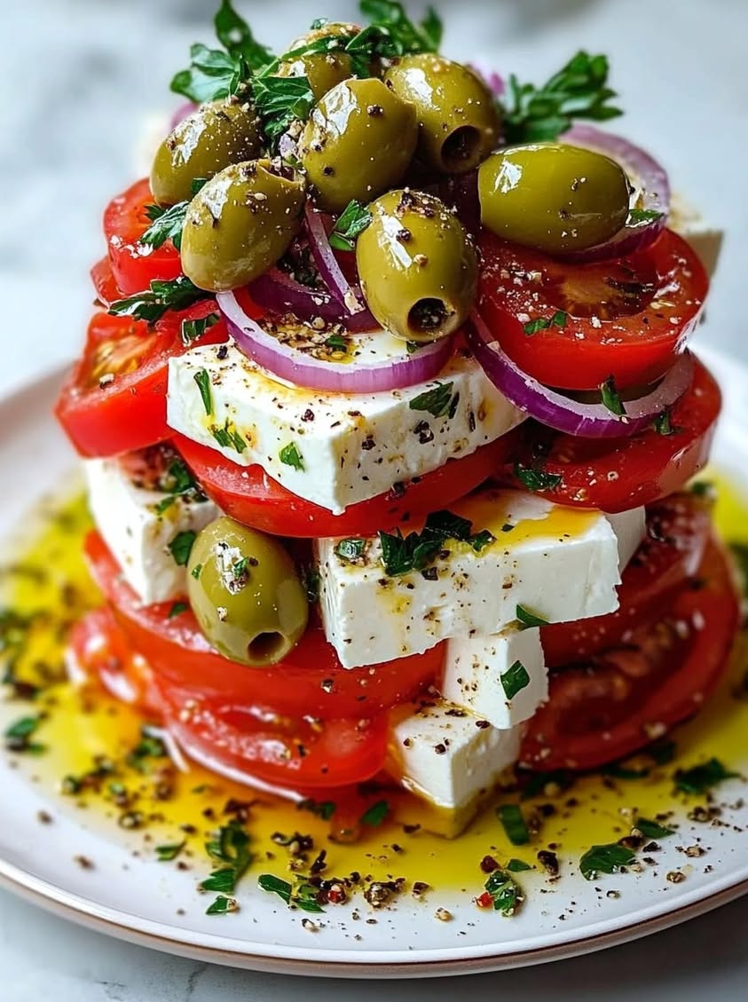 Santorini Feta Tomato Tower with Herb Olive Oil Recipe 17 santorini feta tomato tower
