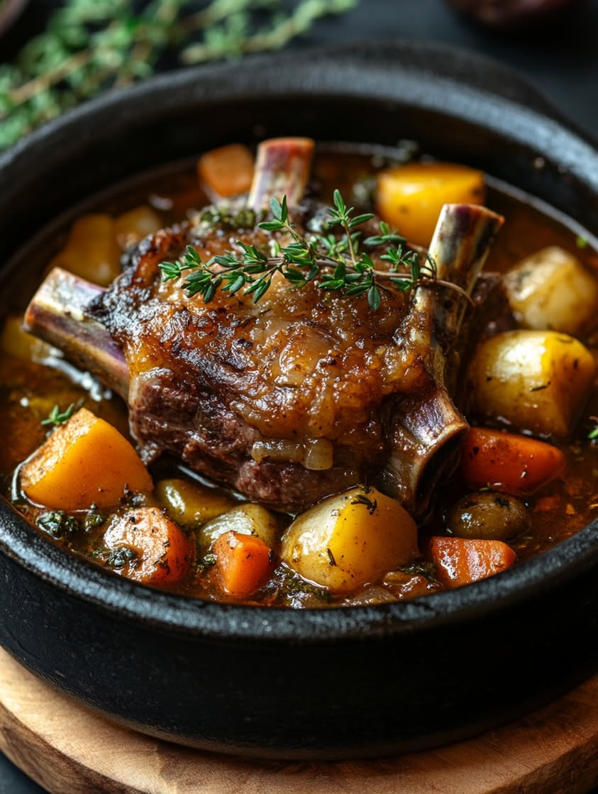 Slow-Braised Lamb Shanks with Thyme Gravy and Garden Vegetables 22 slow braised lamb shanks vegetables gravy