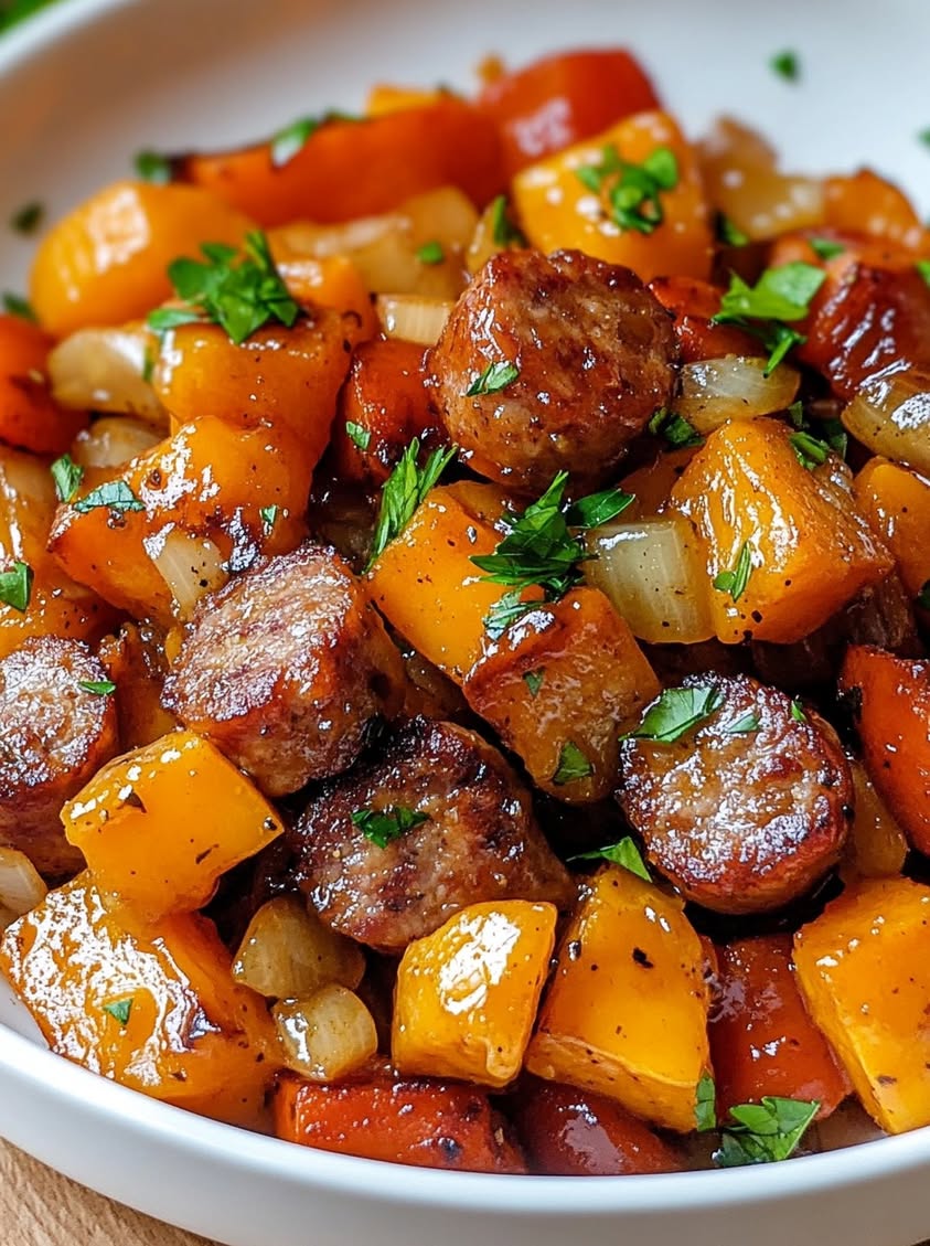 Sticky Honey Garlic Sausage Skillet with Sweet Potatoes 18 sticky honey garlic sausage skillet
