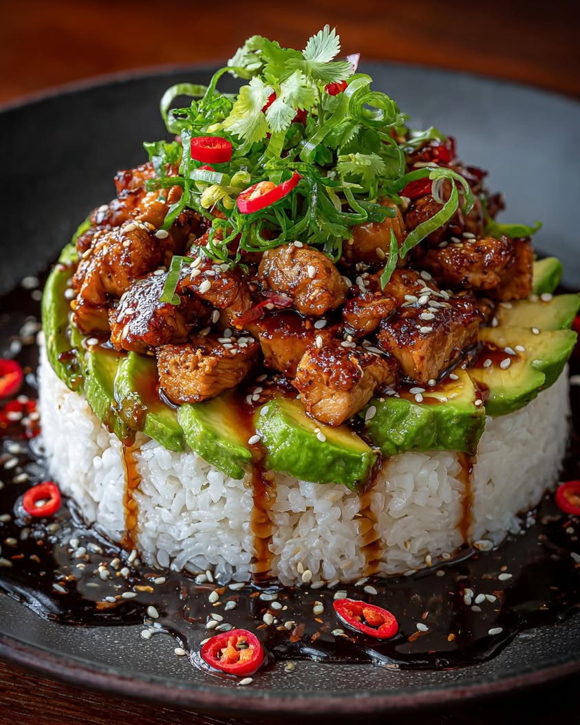 Sticky Honey Soy Chicken Rice Stacks 21 sticky honey soy chicken avocado rice