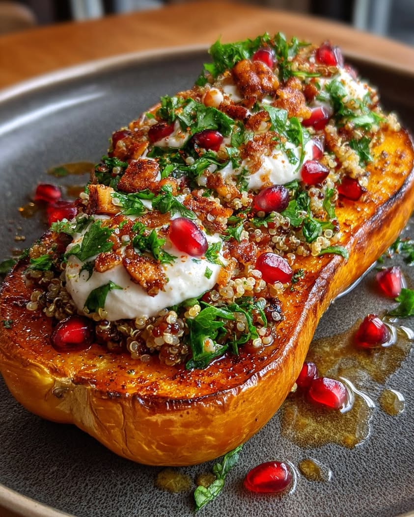 Stuffed Butternut Squash with Whipped Feta 19 stuffed butternut squash quinoa pomegranate