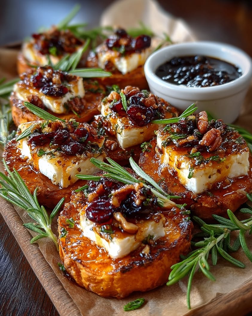 Sweet Potato Rounds with Hot Honey 17 sweet potato rounds brie cranberry pecans