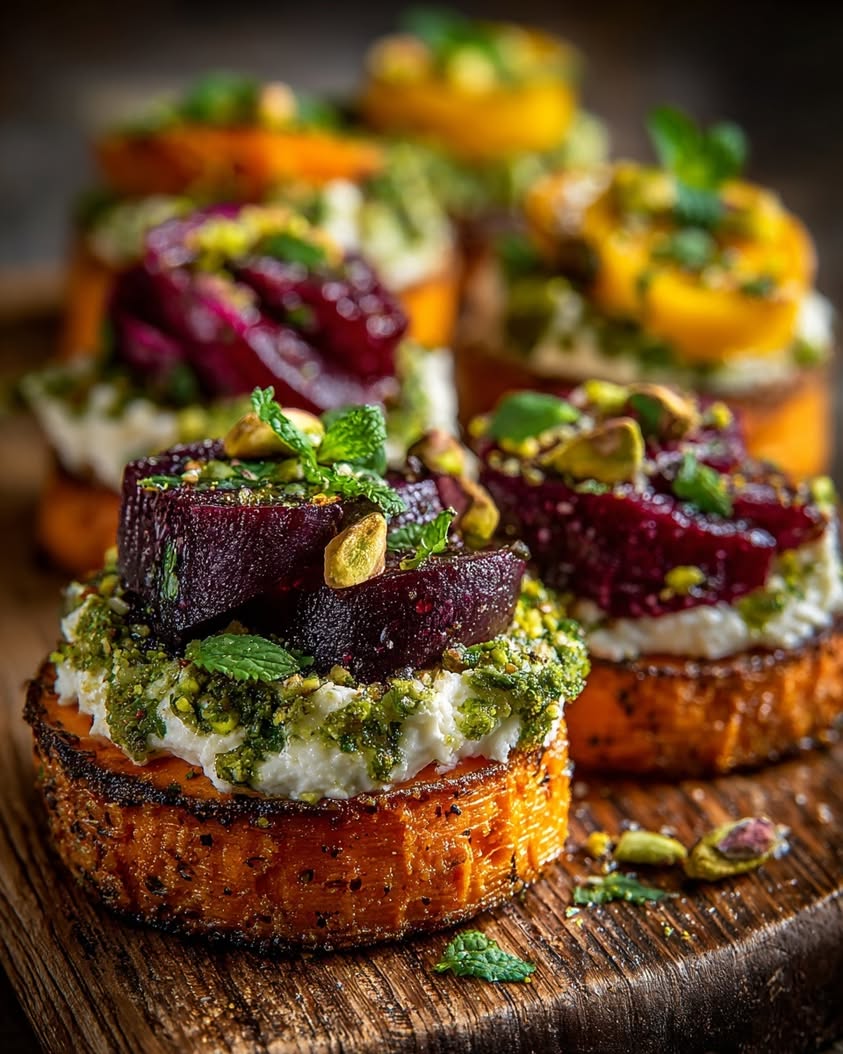 Roasted Sweet Potato Rounds with Pesto 19 sweet potato rounds whipped goat cheese