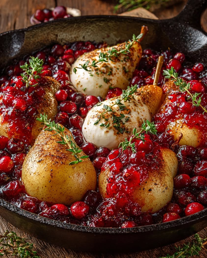 Warm Pear and Burrata Skillet Recipe 17 warm pear burrata cranberry glaze