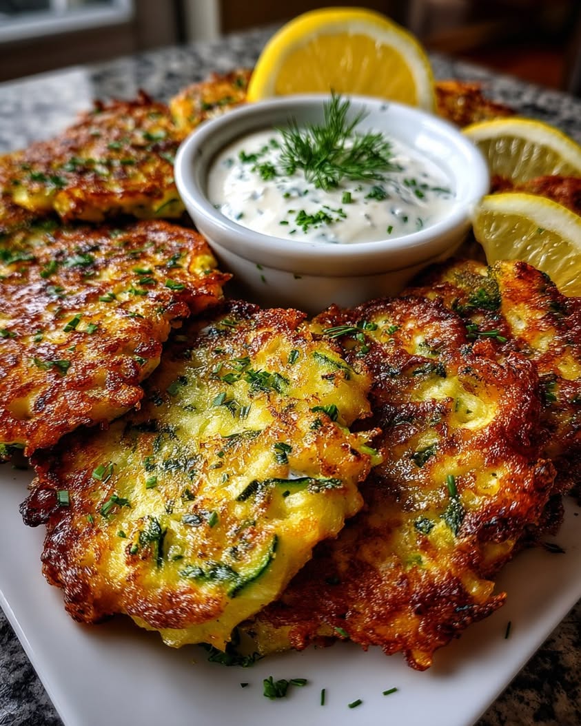 Crispy Zucchini Fritters Recipe with Sauce 24 crispy zucchini fritters lemon dill sauce