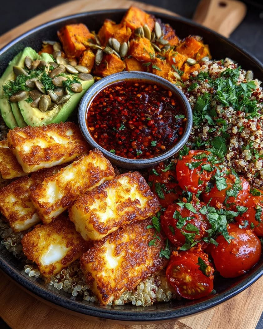 Halloumi Quinoa Bowl with Harissa Vinaigrette 3 halloumi quinoa bowl harissa vinaigrette