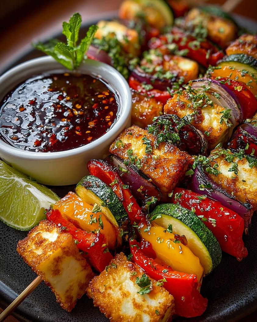 Grilled Halloumi Skewers with Apricot Glaze 3 halloumi skewers apricot glaze