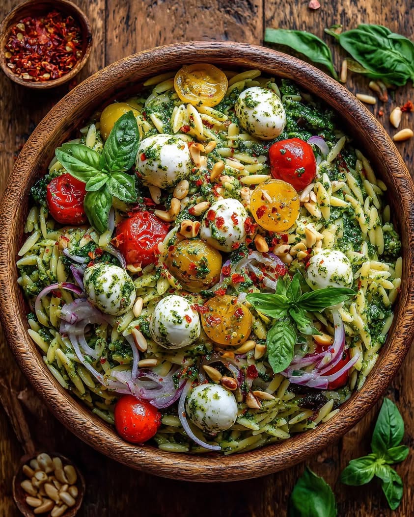 Pesto Orzo with Mozzarella and Tomatoes 3 pesto orzo cherry tomatoes mozzarella