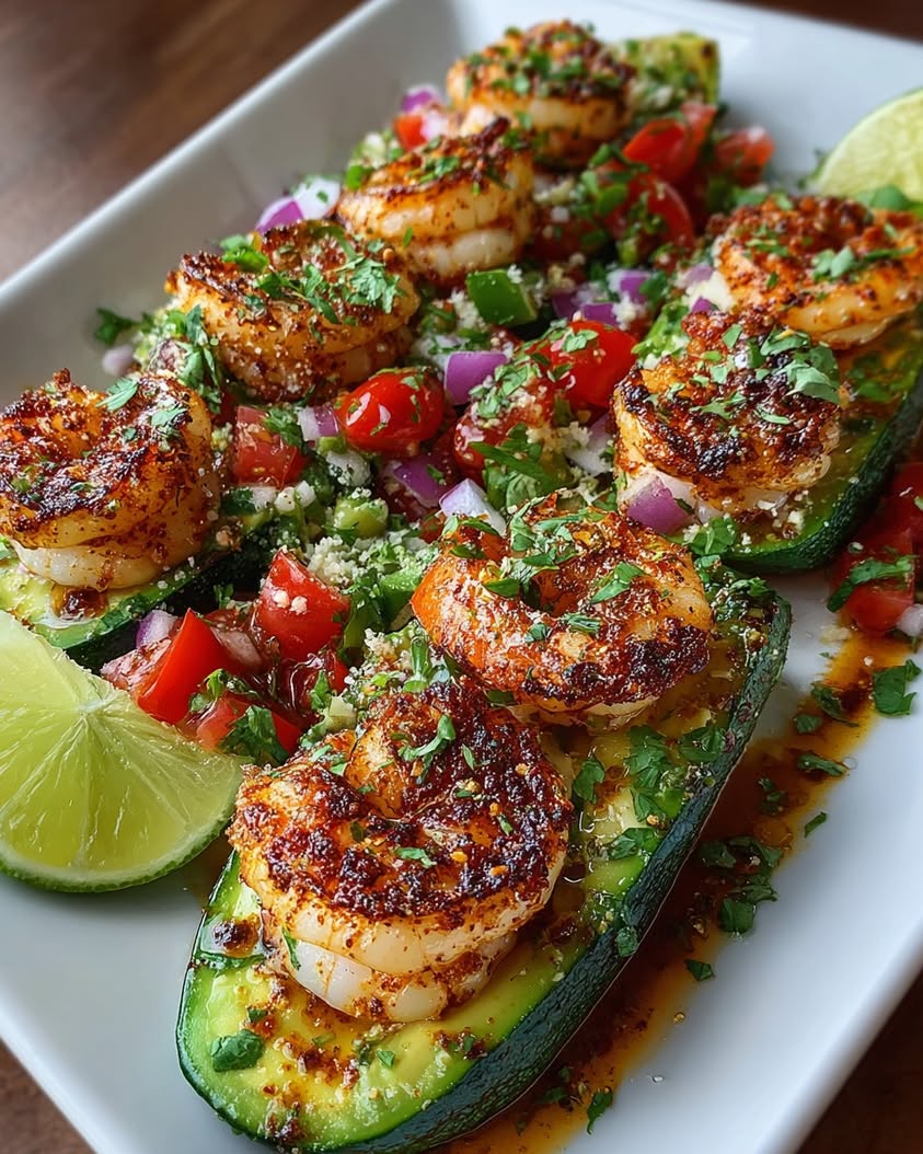 Shrimp Avocado Cucumber Boat Appetizers 3 shrimp avocado cucumber boats