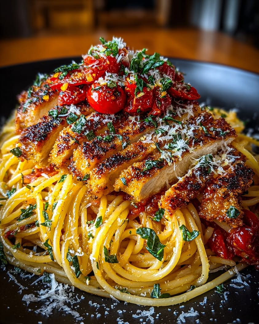 Lemon Chicken Spaghetti with Cheesy Tomato Sauce 3 spaghetti cheesy tomato garlic lemon chicken