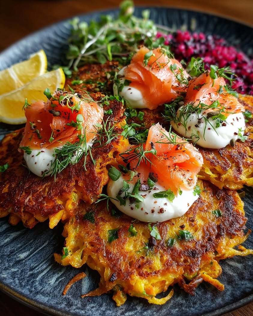 Sweet Potato Röstis with Smoked Salmon 3 sweet potato rostis smoked salmon burrata